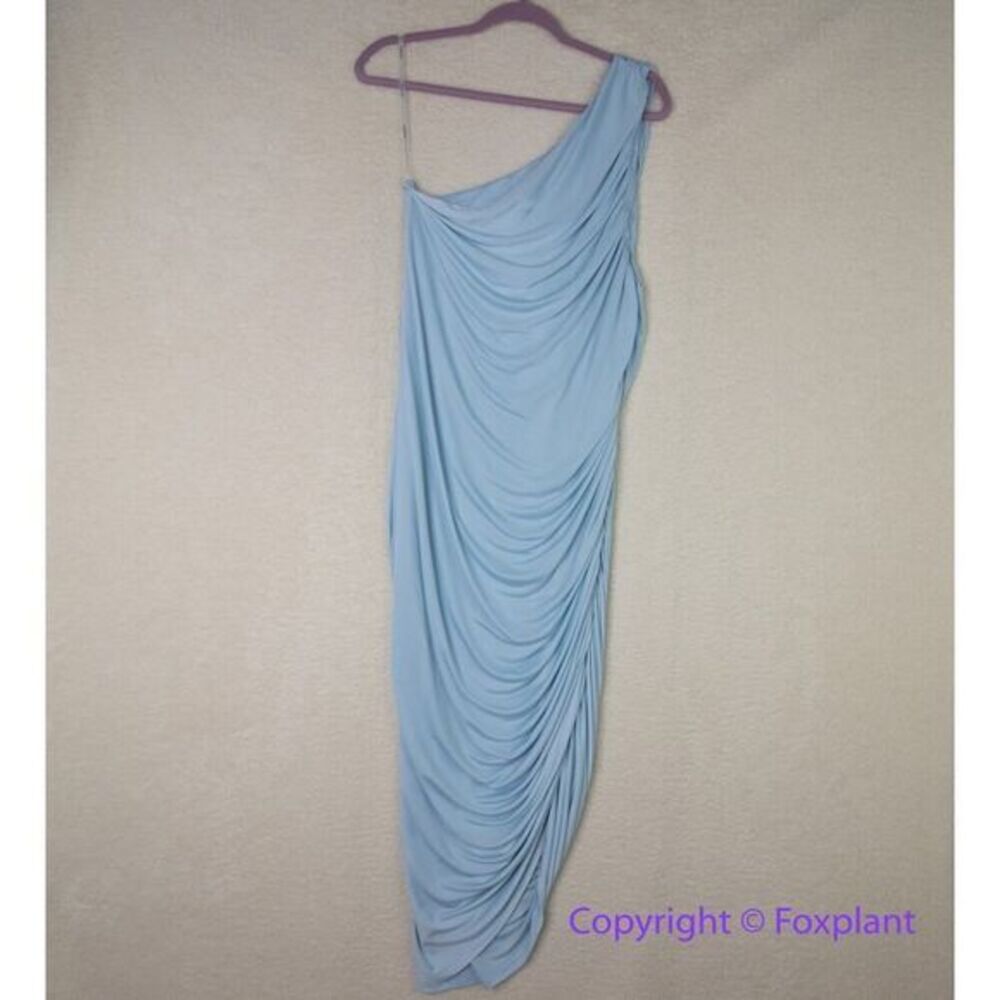 Eloquii Ruched One Shoulder Dress skyride blue ruched asymmetrical midi, size 16 - Picture 5 of 15